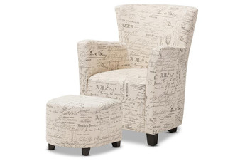Benson Script Patterned Club Chair And Ottoman Set WS-0710-Beige-L277 By Baxton Studio