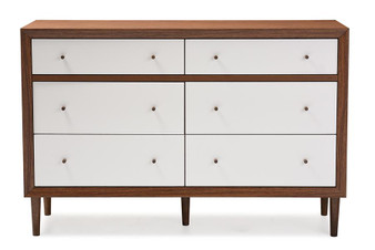 Harlow Mid-Century Modern White/Walnut 6-Drawer Storage Dresser FP-6781-Walnut/White By Baxton Studio
