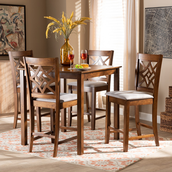 "RH340P-Sand/Dark Brown-5PC Pub Set" Nicolette Modern And Contemporary Grey Fabric Upholstered And Walnut Brown Finished Wood 5-Piece Pub Set