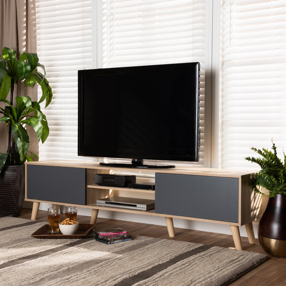 "TV8010-Walnut/Grey-TV" Clapton Modern And Contemporary Two-Tone Grey And Oak Brown Finished Wood Tv Stand