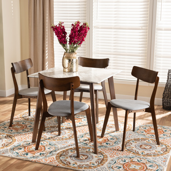 "Monte-Walnut-Oval-DT" Reba Mid-Century Modern Light Grey Fabric Upholstered And Walnut Brown Finished Wood 5-Piece Dining Set With Faux Marble Dining Table