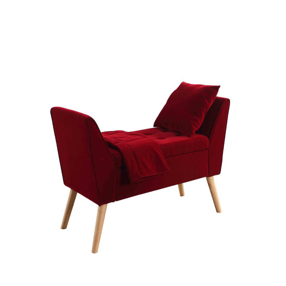 "HB4699" 35" Red Mid-Century Storage Bench + Pillow And Blanket By Ore International
