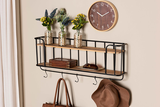 Jaron Modern Industrial Oak Finished Wood And Black Finished Metal 2-Tier Entryway Wall Mounted Key And Coat Hanger 1 By Baxton Studio