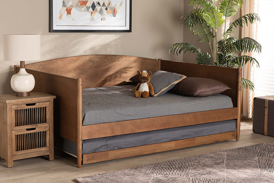 Veles Mid-Century Modern Ash Walnut Finished Wood Full Size Daybed With Trundle 1 By Baxton Studio