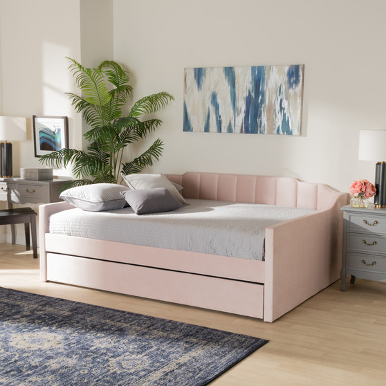 "CF9172-Pink Velvet Velvet-Daybed-Q/T" Lennon Modern And Contemporary Pink Velvet Fabric Upholstered Queen Size Daybed With Trundle