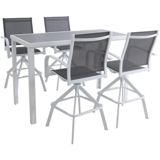 Naples 5 Piece Bar Set: 4 Sling Bar Chairs And Glass Bar Table "NAPDN5PCBR-WHT"