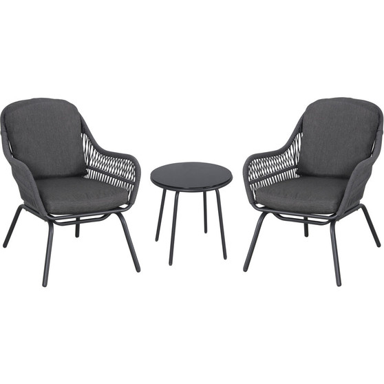 Skylar 3 Piece Seating Set: 2 Rope Cushioned Chairs And Glass Top Side Table "SKY3PC-GRY"