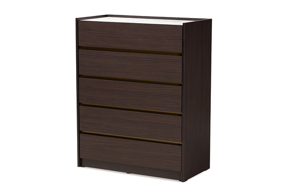 "LV25COD25230-Modi Wenge/Marble-5DW-Chest" Baxton Studio Walker Modern And Contemporary Dark Brown And Gold Finished Wood 5-Drawer Chest With Faux Marble Top