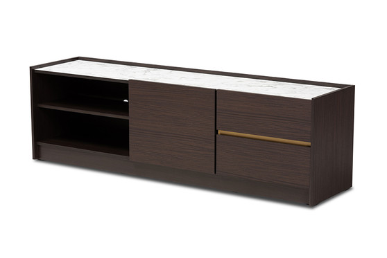 "LV25TV2512-Modi Wenge/Marble-TV" Baxton Studio Walker Modern And Contemporary Dark Brown And Gold Finished Wood Tv Stand With Faux Marble Top