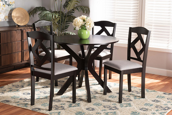 "Carlin-Grey/Dark Brown-5PC Dining Set" Baxton Studio Carlin Modern Transitional Grey Fabric Upholstered And Dark Brown Finished Wood 5-Piece Dining Set