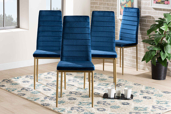 "112157-1-Navy Blue Velvet/Gold-DC" Baxton Studio Armand Modern Glam And Luxe Navy Blue Velvet Fabric Upholstered And Gold Finished Metal 4-Piece Dining Chair Set