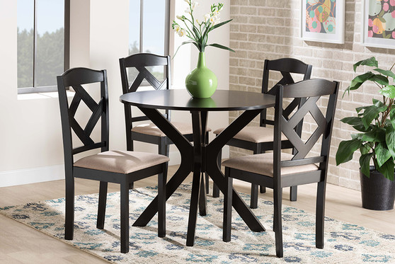 "Carlin-Sand/Dark Brown-5PC Dining Set" Baxton Studio Carlin Sand Fabric Upholstered And Dark Brown Finished Wood 5-Piece Dining Set