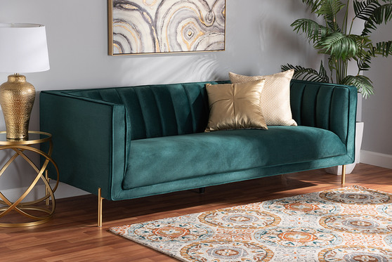 "5016D-Green Velvet-Sofa" Baxton Studio Maia Contemporary Glam and Luxe Green Velvet Fabric Upholstered and Gold Finished Metal Sofa