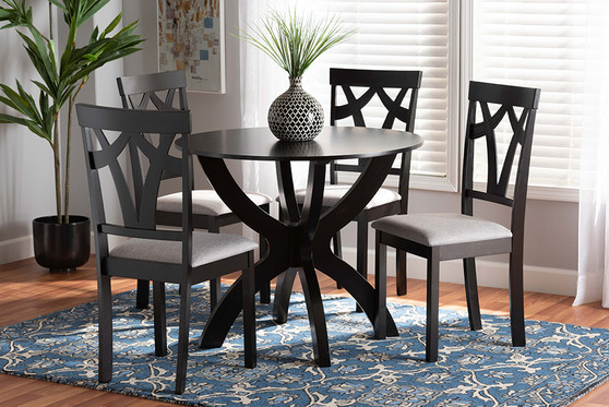 "Rasa-Grey/Dark Brown-5PC Dining Set" Baxton Studio Rasa Modern and Contemporary Grey Fabric Upholstered and Dark Brown Finished Wood 5-Piece Dining Set