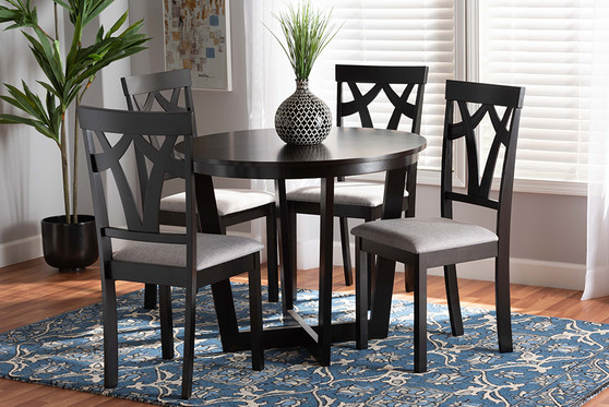 "Telma-Grey/Dark Brown-5PC Dining Set" Baxton Studio Telma Modern and Contemporary Grey Fabric Upholstered and Dark Brown Finished Wood 5-Piece Dining Set