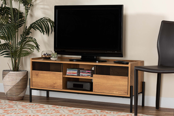 "HIF-002-Natural/Black" Baxton Studio Tasman Modern and Contemporary Industrial Natural Brown Finished Wood and Black Metal 2-Door TV Stand