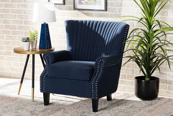 "HH-056-Velvet Blue-Chair" Baxton Studio Wilhelm Classic and Traditional Navy Blue Velvet Fabric Upholstered and Dark Brown Finished Wood Armchair