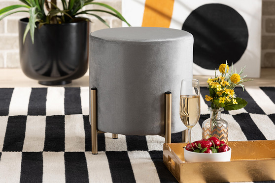 "FZD190717-Grey Velvet-Ottoman" Baxton Studio Thurman Contemporary Glam and Luxe Grey Velvet Fabric Upholstered and Gold Finished Metal Ottoman
