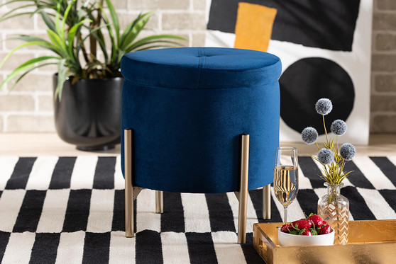 "FZD200335-Navy Blue Velvet-Ottoman" Baxton Studio Malina Contemporary Glam and Luxe Navy Blue Velvet Fabric Upholstered and Gold Finished Metal Storage Ottoman