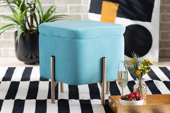 "FZD200336-Light Blue Velvet-Ottoman" Baxton Studio Aleron Contemporary Glam and Luxe Sky Blue Velvet Fabric Upholstered and Gold Finished Metal Storage Ottoman