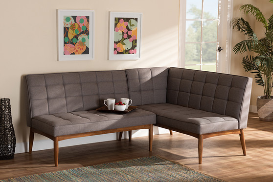 "BBT8051.11-Grey/Walnut-2PC SF Bench" Baxton Studio Sanford Mid-Century Modern Grey Fabric Upholstered and Walnut Brown Finished Wood 2-Piece Dining Nook Banquette Set