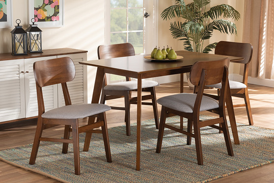 "RH369C-Grey/Walnut-5PC Dining Set" Baxton Studio Euclid Mid-Century Modern Grey Fabric Upholstered and Walnut Brown Finished Wood 5-Piece Dining Set