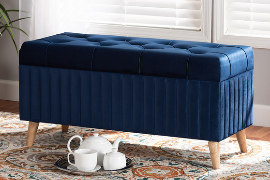 "HY2A19B046S-Navy Blue Velvet-Otto" Baxton Studio Hanley Modern and Contemporary Navy Blue Velvet Fabric Upholstered and Walnut Brown Finished Wood Storage Ottoman