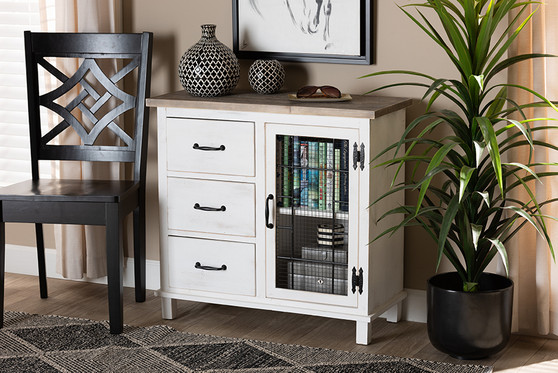 "18Y1005-Oak/White-Cabinet" Baxton Studio Faron Classic and Traditional Farmhouse Two-Tone Distressed White and Oak Brown Finished Wood 3-Drawer Storage Cabinet