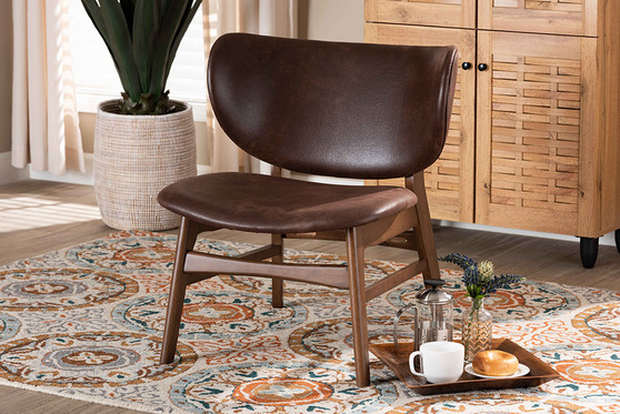 "WM5002-Dark Brown/Walnut-CC" Baxton Studio Marcos Mid-Century Modern Dark Brown Faux Leather Effect and Walnut Brown Finished Wood Living Room Accent Chair