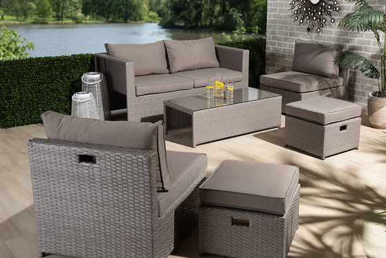 "MLM-210592-Light Grey" Baxton Studio Haina Modern and Contemporary Grey Fabric Upholstered and Grey Finished Synthetic Rattan 6-Piece Patio Set
