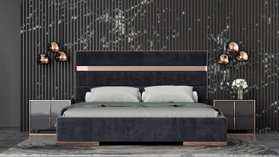 "VGVCBD-A002-BLK-BED-2NS-SET" VIG Modrest Cartier - Modern Black + Rose Gold Bed + Nightstands