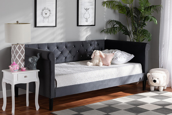 "Cora-Grey Velvet-Daybed-Twin" Baxton Studio Cora Modern and Contemporary Grey Velvet Fabric Upholstered and Dark Brown Finished Wood Twin Size Daybed
