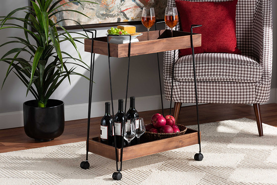 "6652-Metal-Cart" Baxton Studio Reynard Modern and Industrial Walnut Brown Finished Wood and Black Metal 2-Tier Wine Cart