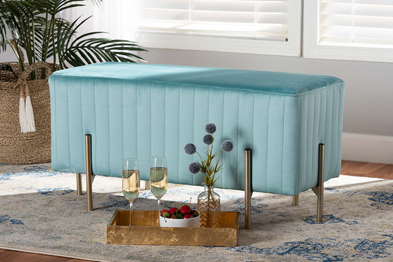 "FZD200124-Light Blue-Bench" Baxton Studio Helaine Contemporary Glam and Luxe Sky Blue Fabric Upholstered and Gold Metal Bench Ottoman