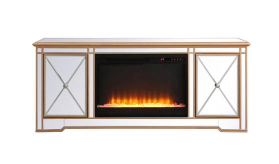 Modern 60 In. Mirrored Tv Stand With Crystal Fireplace In Antique Gold "MF60160G-F2"