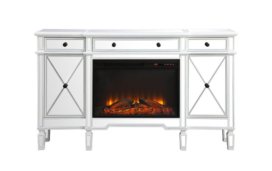 Contempo 60 In. Mirrored Credenza With Wood Fireplace In Antique White "MF61060AW-F1"