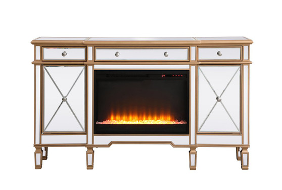 Contempo 60 In. Mirrored Credenza With Crystal Fireplace In Antique Gold "MF61060G-F2"