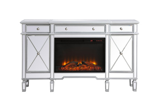 Contempo 60 In. Mirrored Credenza With Wood Fireplace In Antique Silver "MF61060SC-F1"