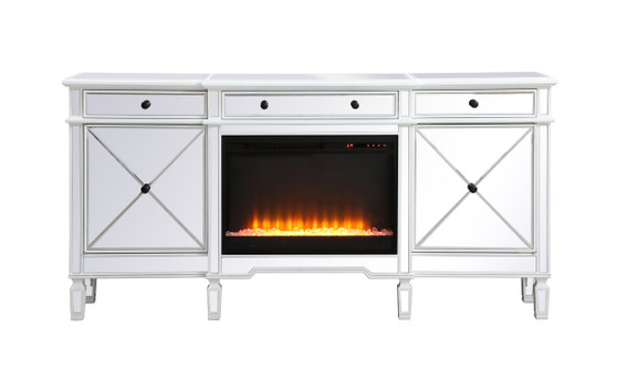 Contempo 72 In. Mirrored Credenza With Crystal Fireplace In Antique White "MF61072AW-F2"