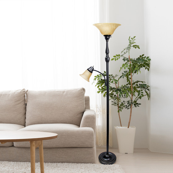 Lalia Home Torchiere Floor Lamp with Reading Light and Marble Glass Shades, Restoration Bronze and Amber "LHF-3003-RA"