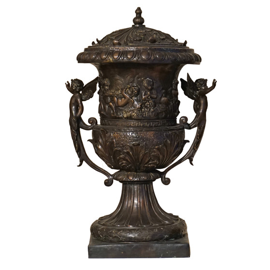 Bronze Urn With Lid And Angels "A5578"