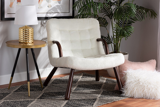 "2017-White/Walnut-CC" Baxton Studio Eisa Modern And Contemporary White Sherpa Upholstered And Walnut Brown Finished Wood Accent Chair
