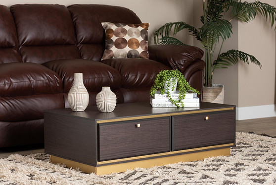 "LV28CFT28140-Modi Wenge-CT" Baxton Studio Cormac Mid-Century Modern Transitional Dark Brown Finished Wood And Gold Metal 2-Drawer Coffee Table