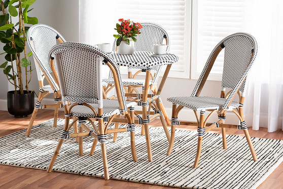 "Myrthe-Rattan-5PC Dining Set" Baxton Studio Genica Classic French Black And White Waeving And Natural Brown Rattan 5-Piece Dining Chair Set