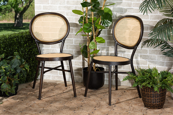 "WA-33001-Natural/Dark Brown-DC" Baxton Studio Thalia Mid-Century Modern Dark Brown Finished Metal And Synthetic Rattan 2-Piece Outdoor Dining Chair Set