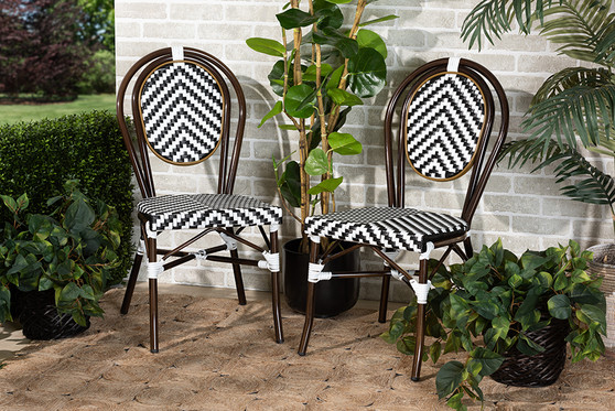 "WA-4094V-Black/White-DC" Baxton Studio Alaire Classic French Black And White Weaving And Dark Brown Metal 2-Piece Outdoor Dining Chair Set