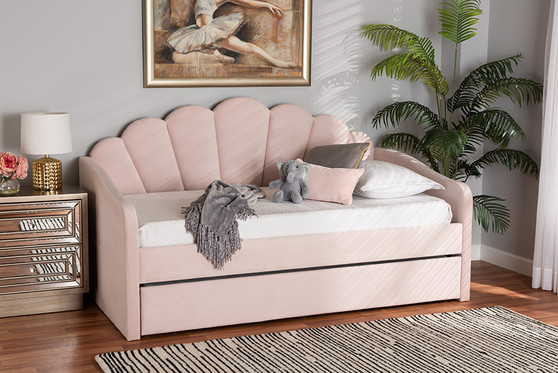 "BBT61047T-Light Pink Velvet-Daybed-F/T" Baxton Studio Timila Modern And Contemporary Light Pink Velvet Fabric Upholstered Full Size Daybed With Trundle