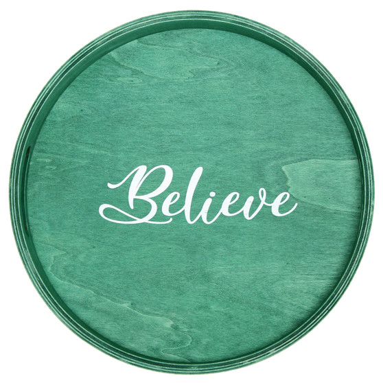 Elegant Designs Decorative 13.75" Round Wood Serving Tray With Handles, "Believe" "HG2013-GBL"