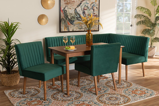 "BBT8063-Emerald Velvet/Walnut-5PC Dining Nook Set" Baxton Studio Alvis Mid-Century Modern Emerald Green Velvet Upholstered and Walnut Brown Finished Wood 5-Piece Dining Nook Set