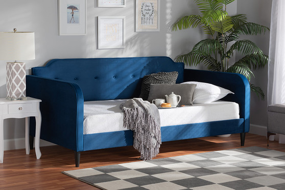 "DV20801-Navy Blue Velvet Daybed-Twin" Baxton Studio Kaya Modern and Contemporary Navy Blue Velvet Fabric and Dark Brown Finished Wood Twin Size Daybed